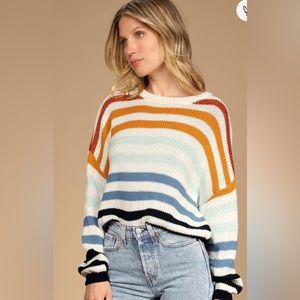 Lulu’s Charli Blue Multi Striped Knit Sweater Size Small